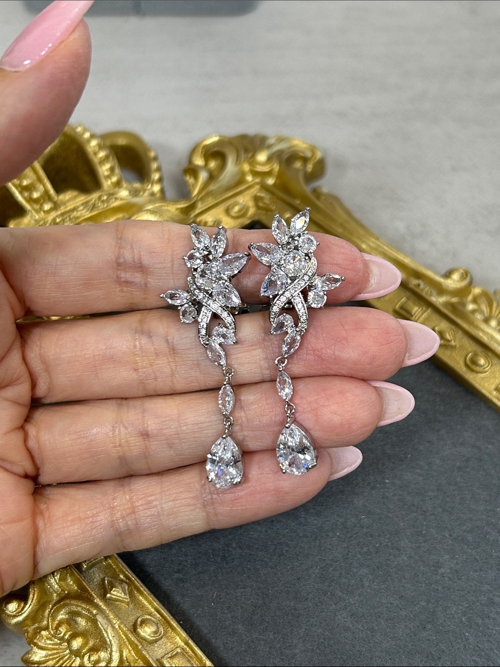 Elegant Silver-Tone Crystal Drop Clip On Earrings - Sparkling White